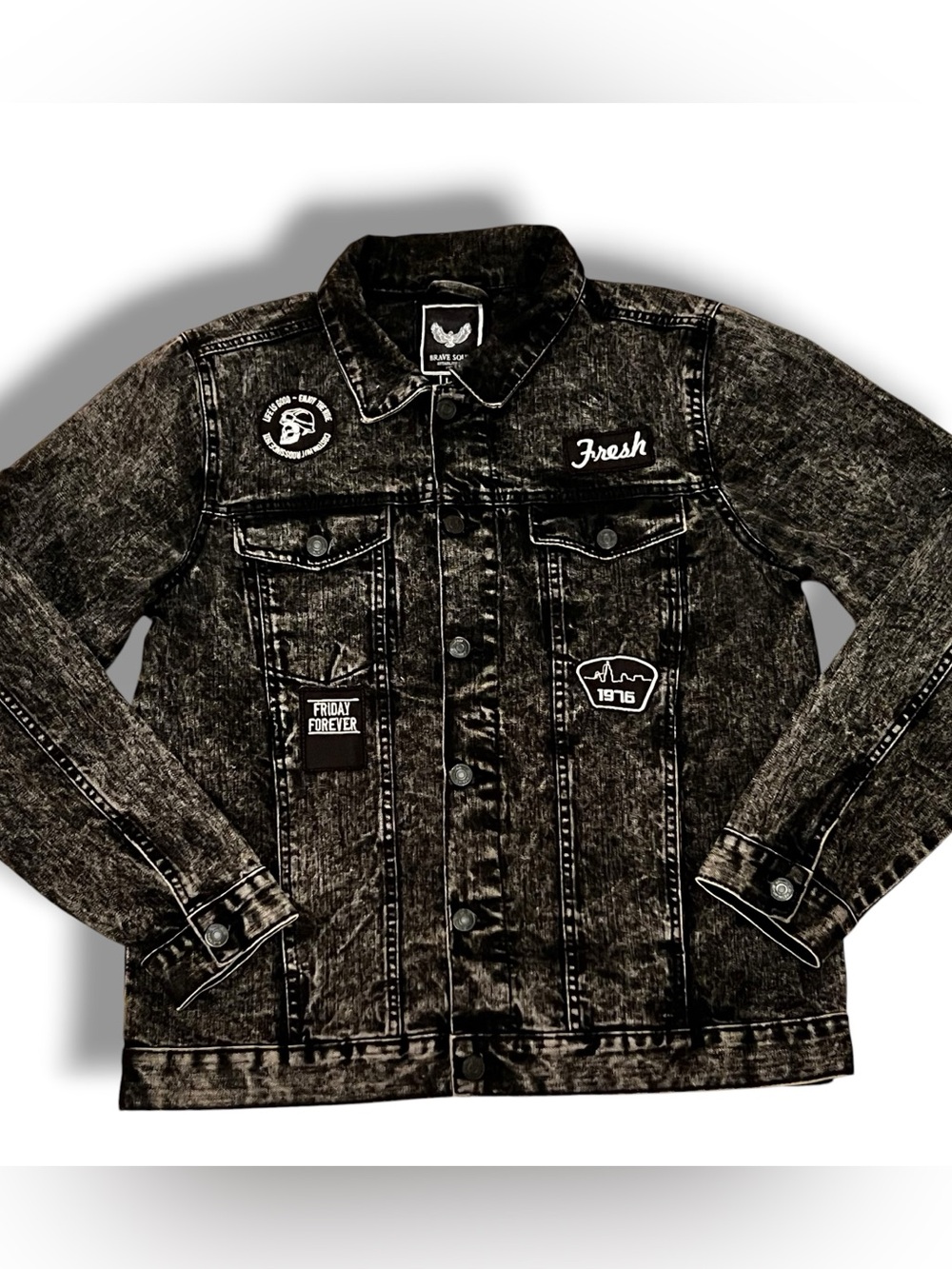 Brave Soul Mens L Black Acid Wash Denim Jacket Streetwear Rock Retro Patches E-9
